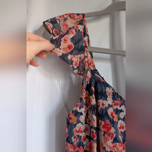 Joie Silk Floral Sleeveless Dress Navy & Pink 100% Silk Flutter Sleeve Pleated S - Picture 4 of 14